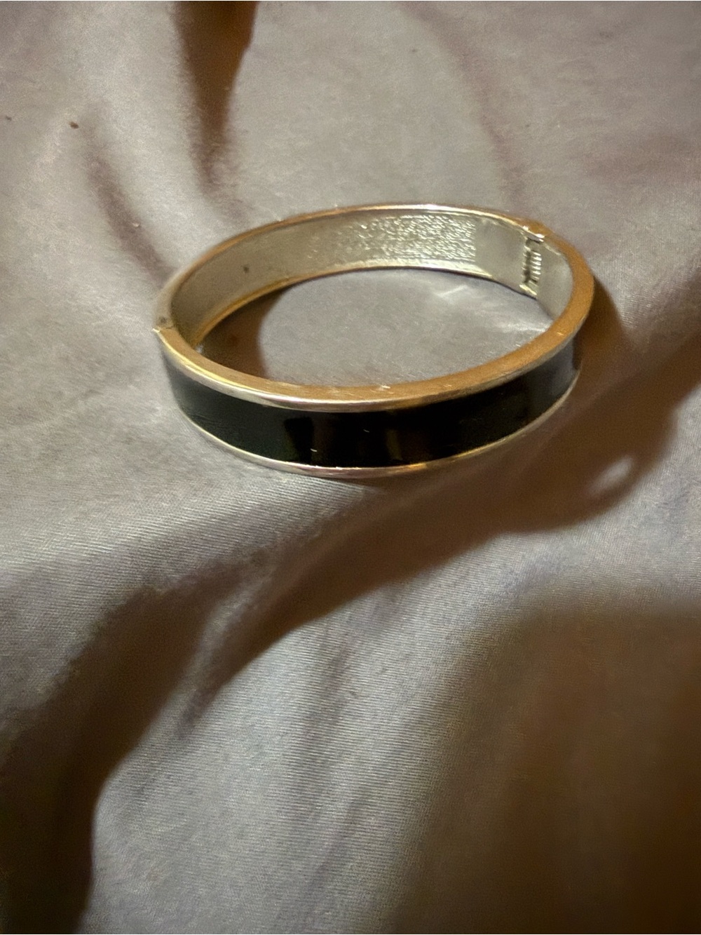 Black Enamel Silver-Tone Hinged Bangle Bracelet